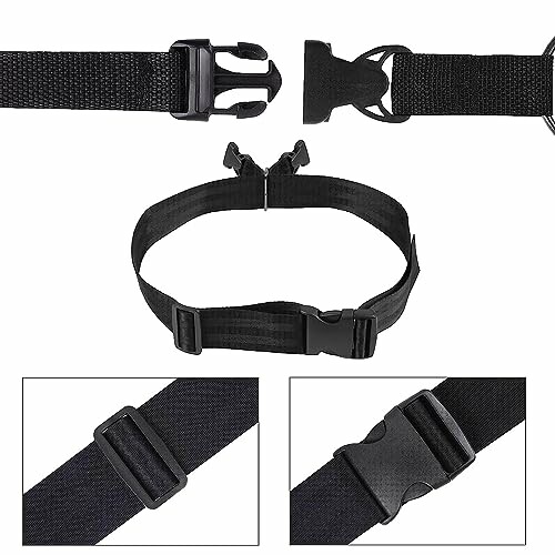 Black belt with various buckle and strap close-ups.