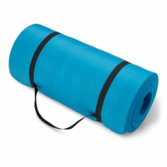 Rolled blue yoga mat with a black carrying strap.