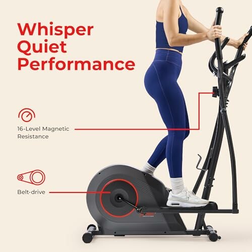 Person using an elliptical machine with whisper quiet performance and 16-level magnetic resistance.