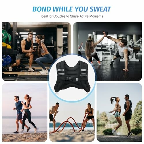 Couples exercising together in various activities including gym workouts, outdoor runs, and using resistance equipment.