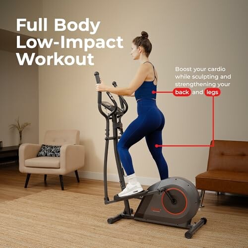 Woman exercising on an elliptical in a living room.