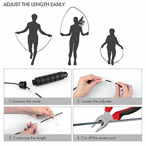 Instructions for adjusting the length of a jump rope with illustrations and tools, making it easy to use.