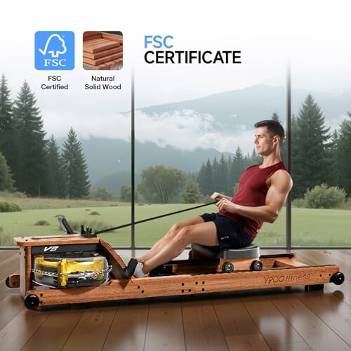 Man exercising on a wooden rowing machine indoors with forest view.