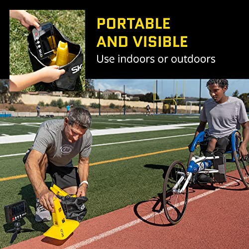 Man using a portable speed training tool with a young athlete in a wheelchair on a track.