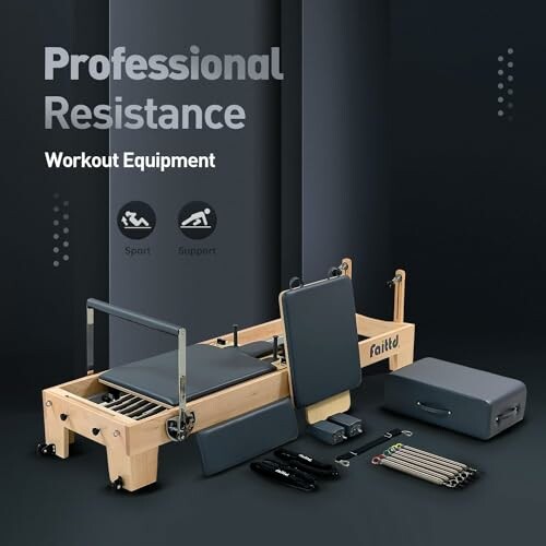 Professional resistance workout equipment including a reformer and accessories.