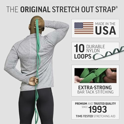 Man using stretch out strap with USA flag and product features highlighted.