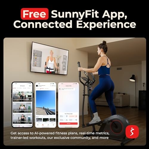 Woman using exercise equipment with SunnyFit app on screens.