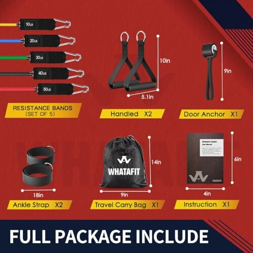 WhatAFit resistance bands set with handles, door anchor, ankle straps, carry bag, and instructions.