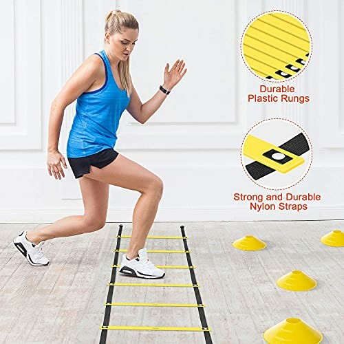 Woman training with agility ladder and cones indoors.