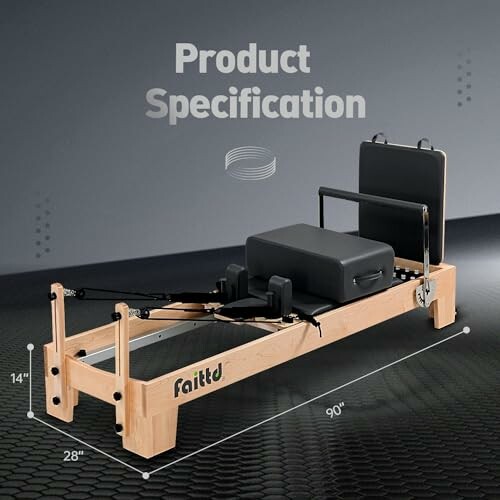 Wooden Pilates reformer with dimensions 90x28x14 inches.